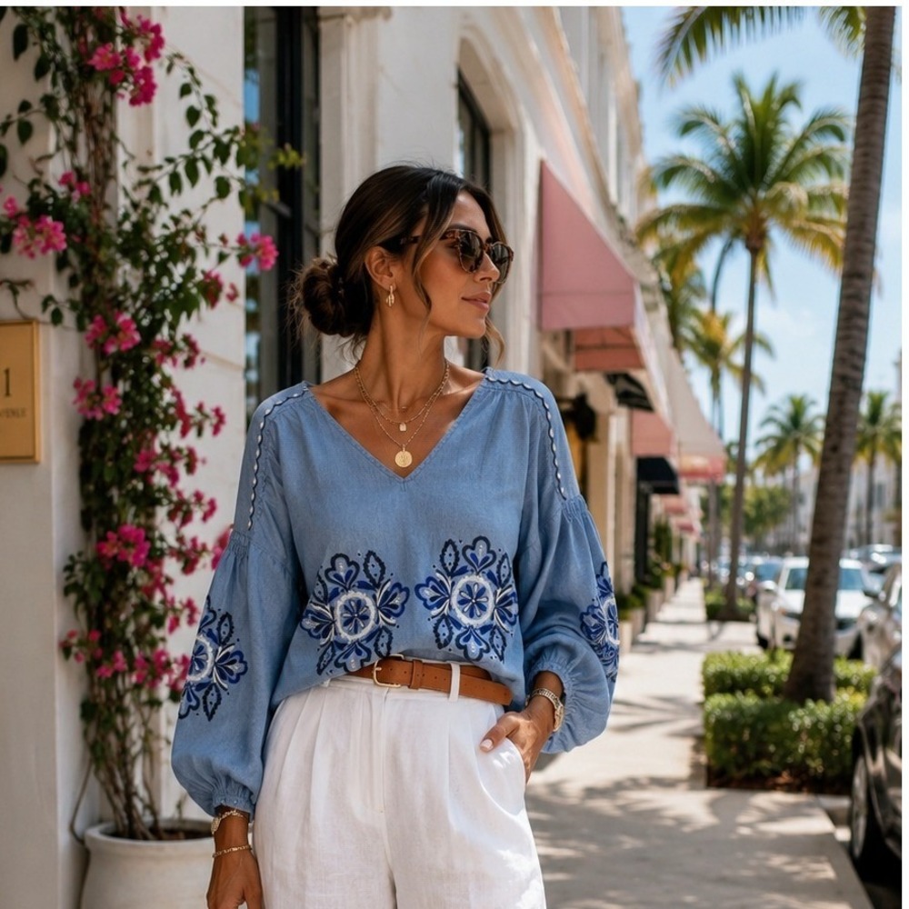Haute Rogue Blue Embroidered Chambray V-Neck Balloon Sleeve Blouse Small